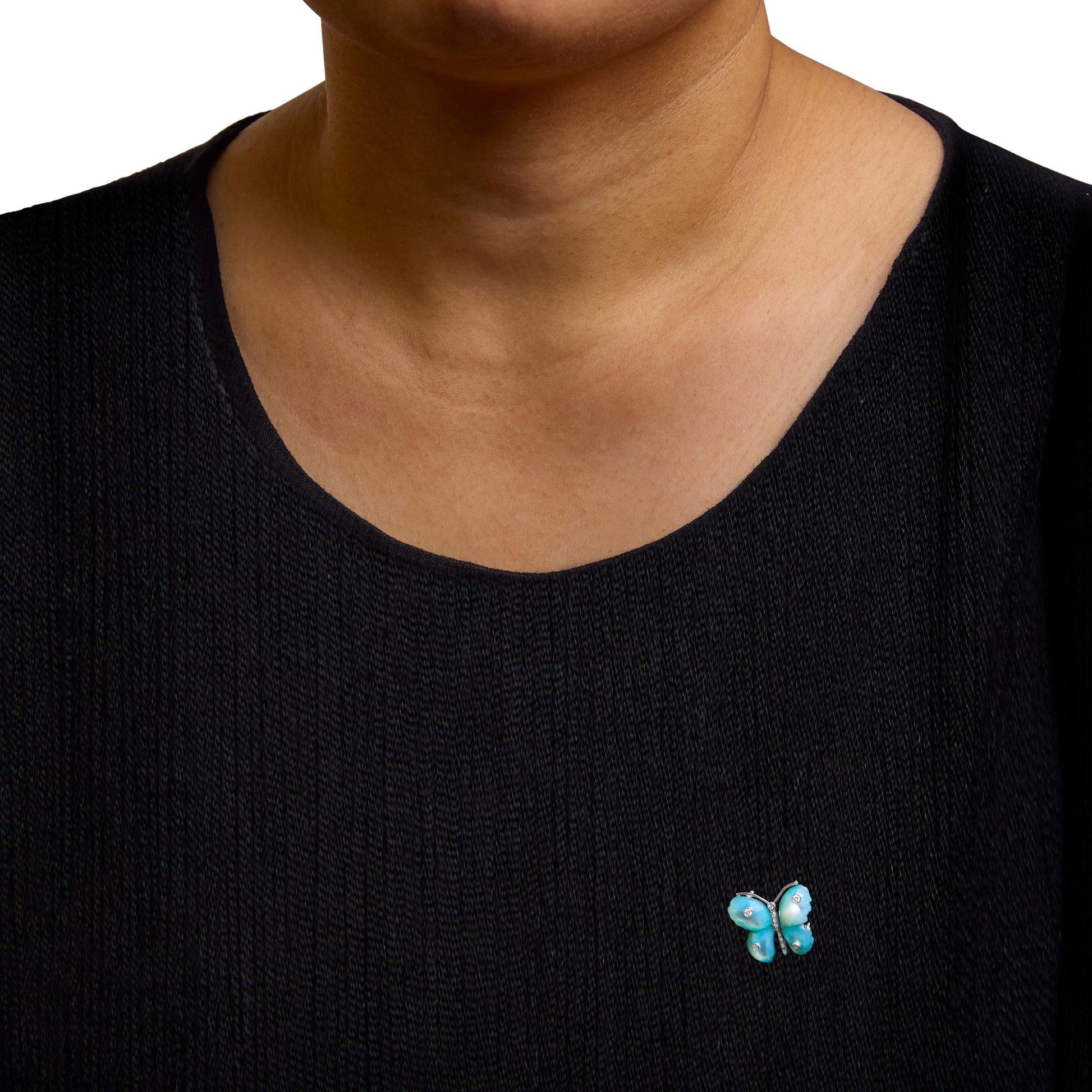 18K White Gold Blue Mother of Pearl and Diamond Accent Butterfly Pin Brooch (F-G Color, VS1-VS2 Clarity)-2