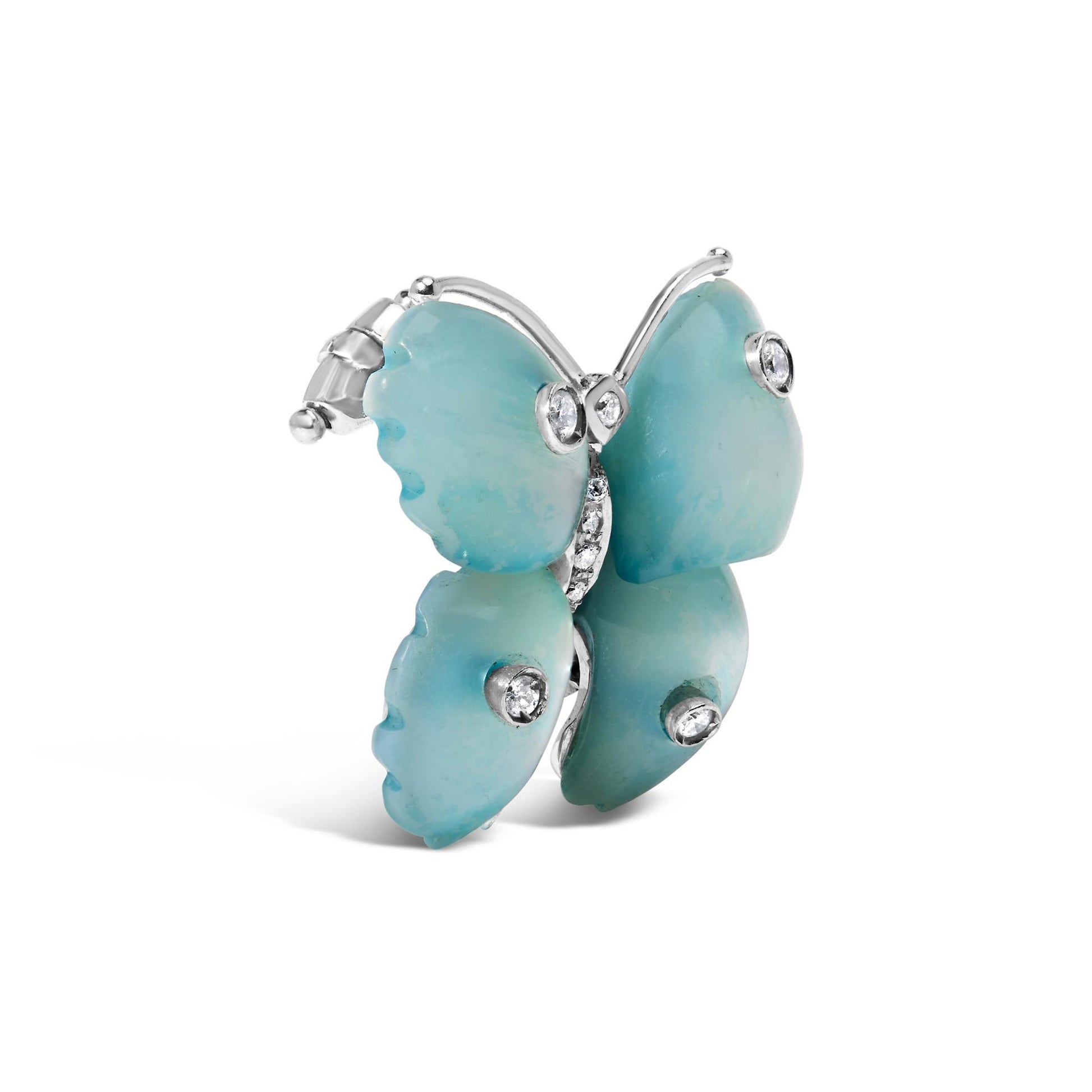 18K White Gold Blue Mother of Pearl and Diamond Accent Butterfly Pin Brooch (F-G Color, VS1-VS2 Clarity)-1