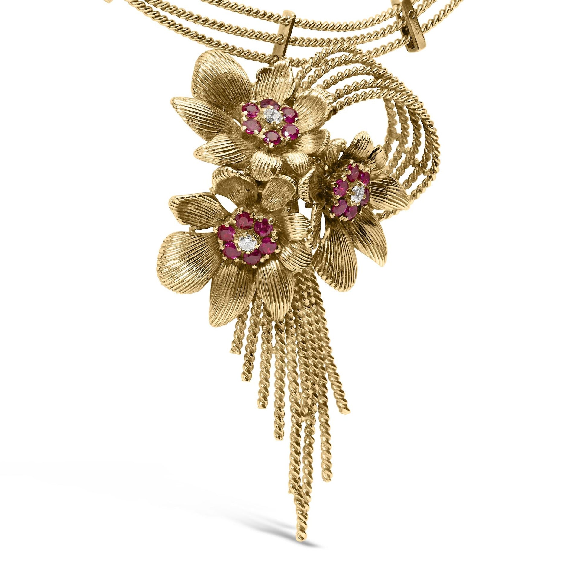 18K Yellow Gold Diamond and Red Ruby Floral Cascade Statement Necklace with 16" Inch Bead Chain (F-G Color, VS1-VS2 Clarity)-3