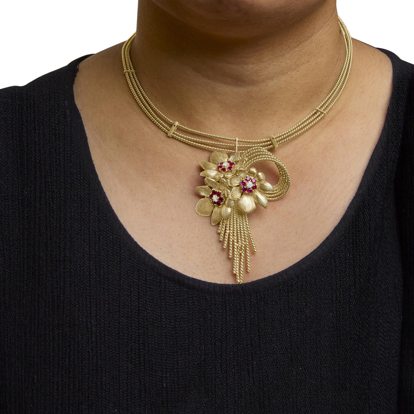 18K Yellow Gold Diamond and Red Ruby Floral Cascade Statement Necklace with 16" Inch Bead Chain (F-G Color, VS1-VS2 Clarity)-2
