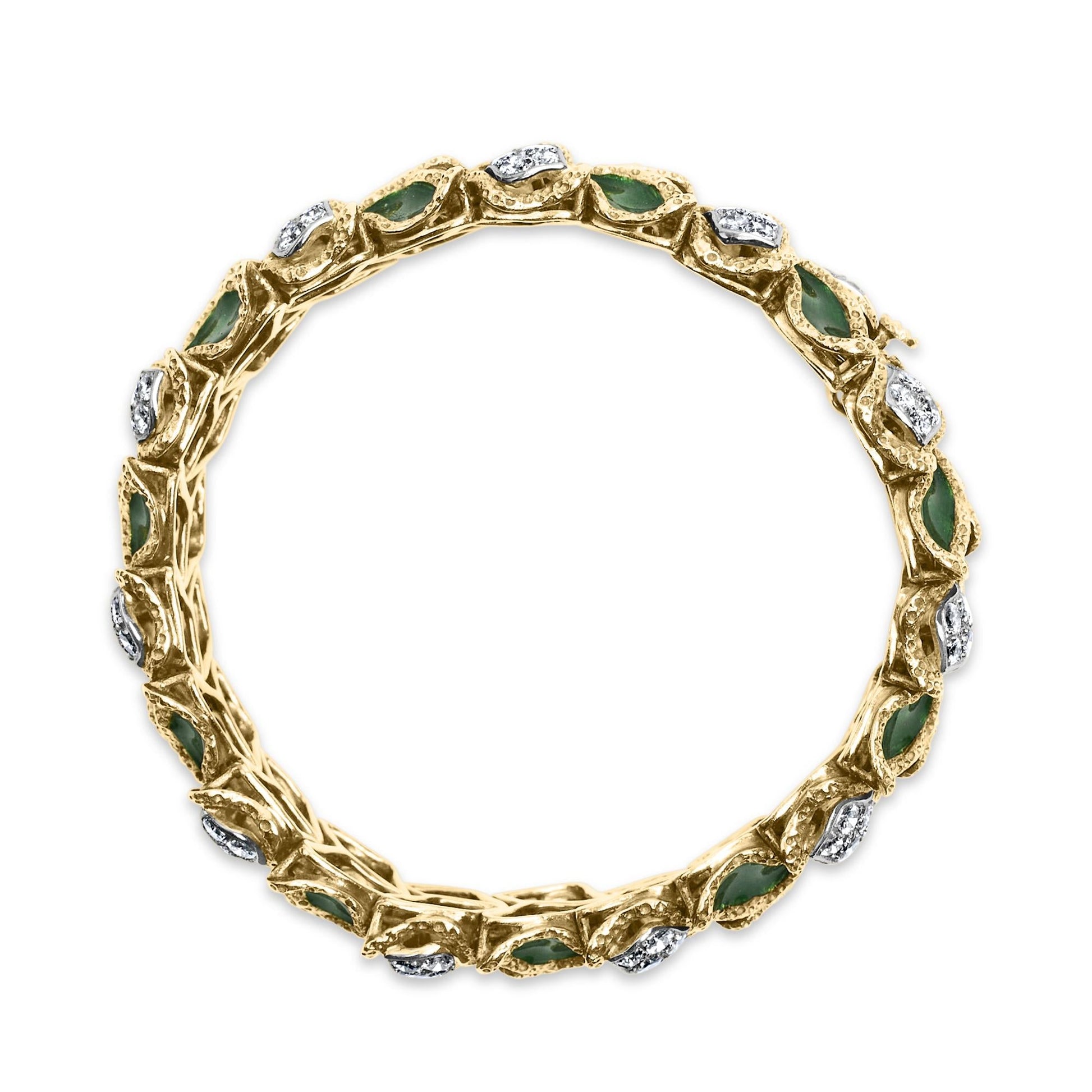 18K Yellow Gold 3 1/4 Cttw Diamond and Green Enamel Gold Textured Bracelet (G-H Color, VS1-VS2 Clarity) - 7" Inches-3