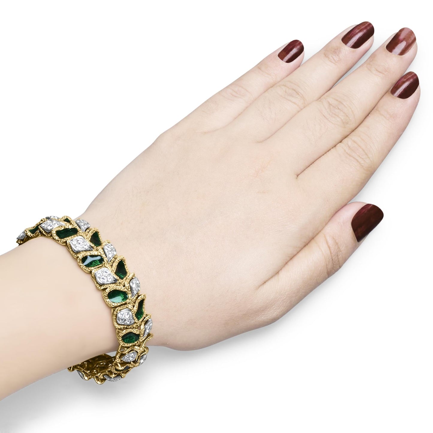 18K Yellow Gold 3 1/4 Cttw Diamond and Green Enamel Gold Textured Bracelet (G-H Color, VS1-VS2 Clarity) - 7" Inches-2