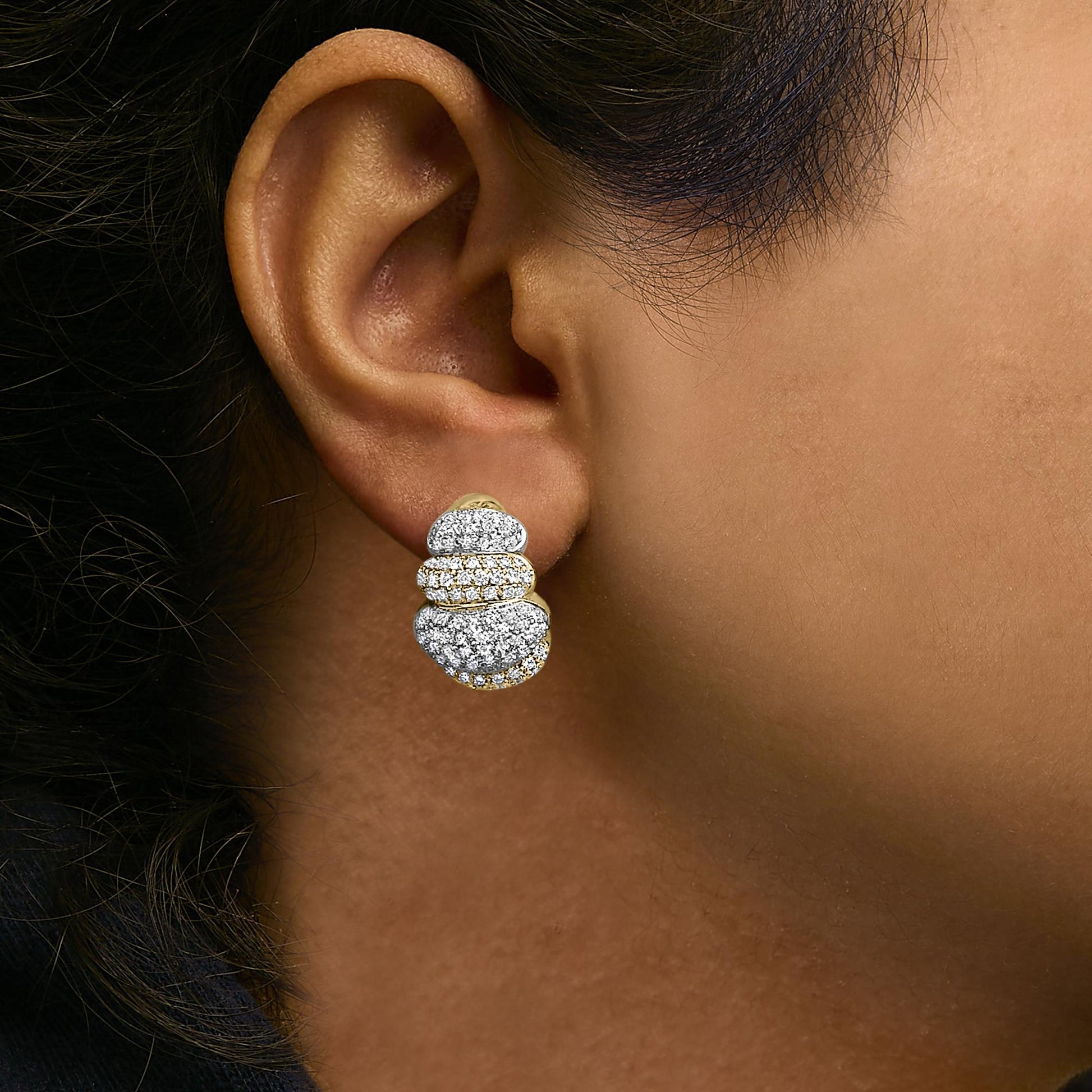18K Two-Toned Gold 5.00 Cttw Diamond Three-tier Domed Button Omega Back Earrings (G-H Color, VS2-SI1 Clarity)-2