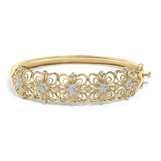 14K Gold 1.00 Cttw Diamond Vintage Inspired Floral Bangle Bracelet (H-I Color, SI1-SI2 Clarity) - 7.75" Inches-0