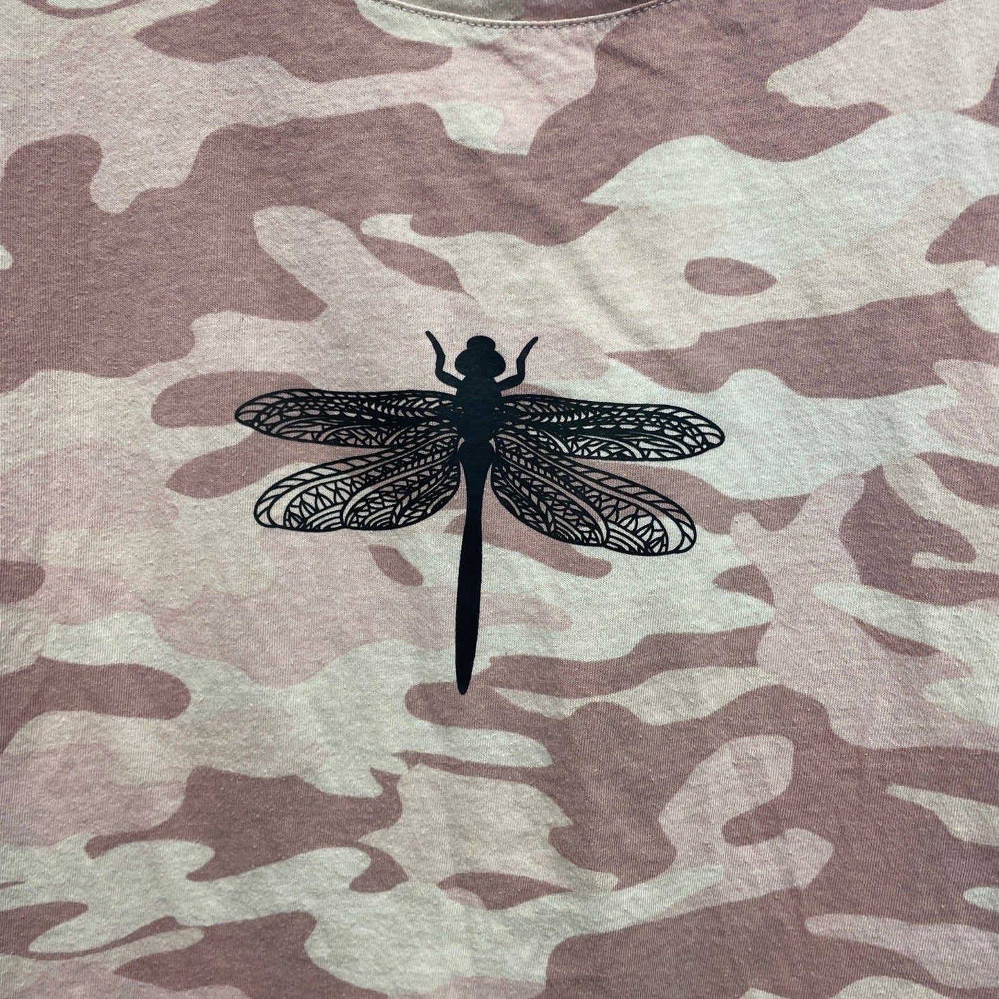Hand Printed Upcycled Child XL (14/16) Dragonfly Short Sleeve Pink Camo Tee