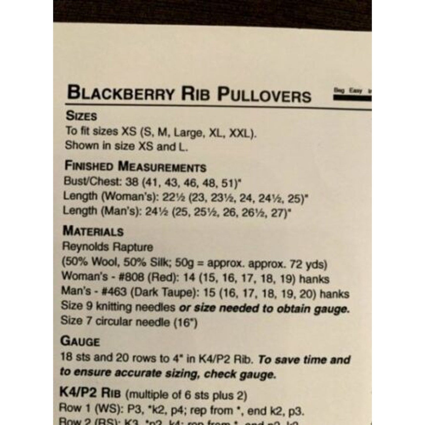 New Reynolds Yarns Rapture 82289 Blackberry Rib Pullovers Knitting Pattern New