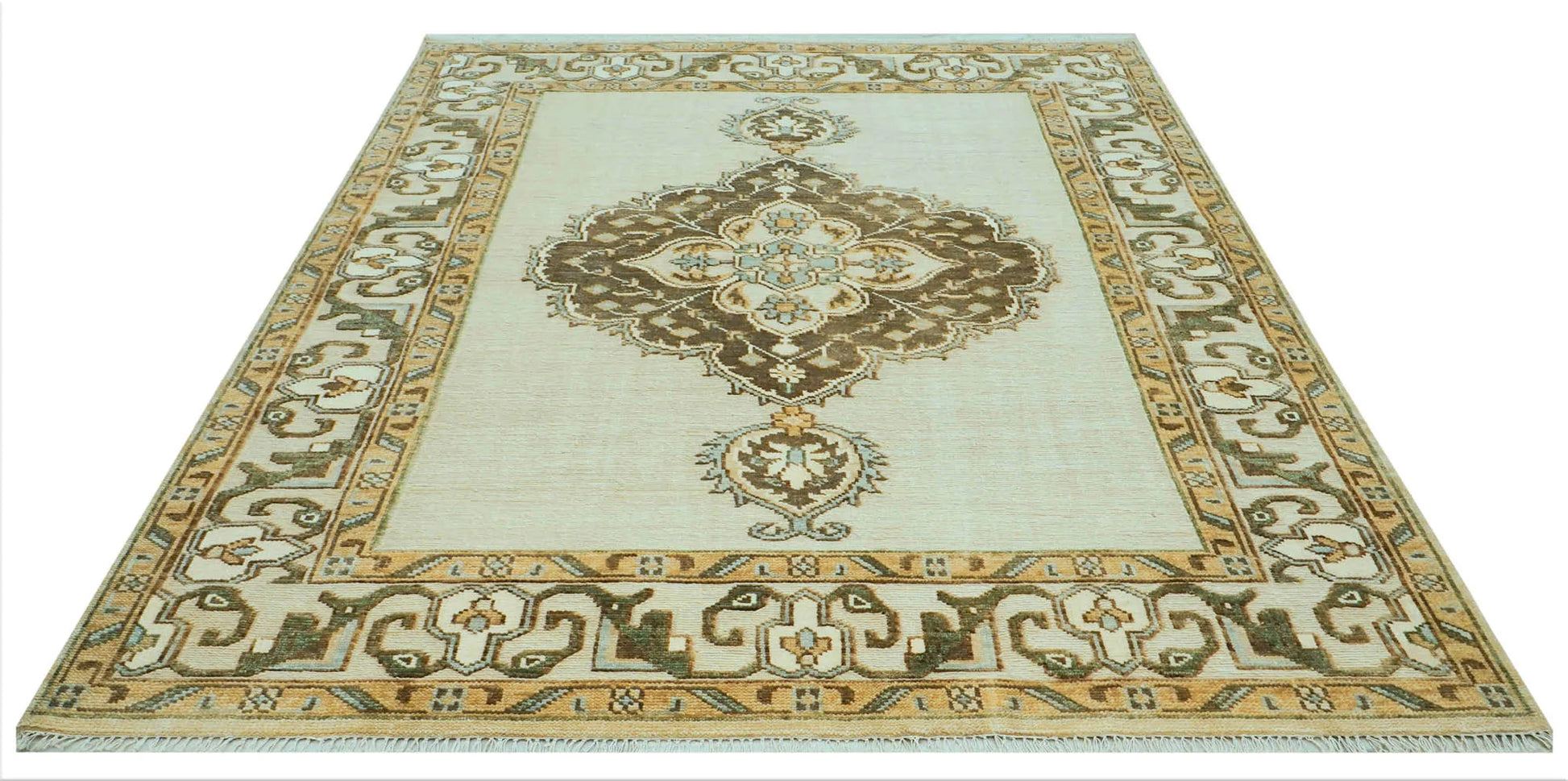 LoomBloom 8x10 Beige Hand Knotted Medallion Oushak Wool Oriental Area Rug-2