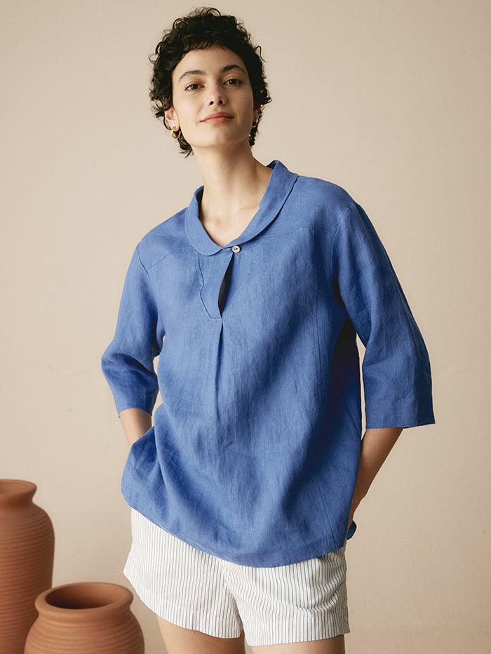 100% Linen V-Neck Half Sleeve Top JADE