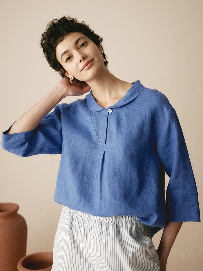 100% Linen V-Neck Half Sleeve Top JADE