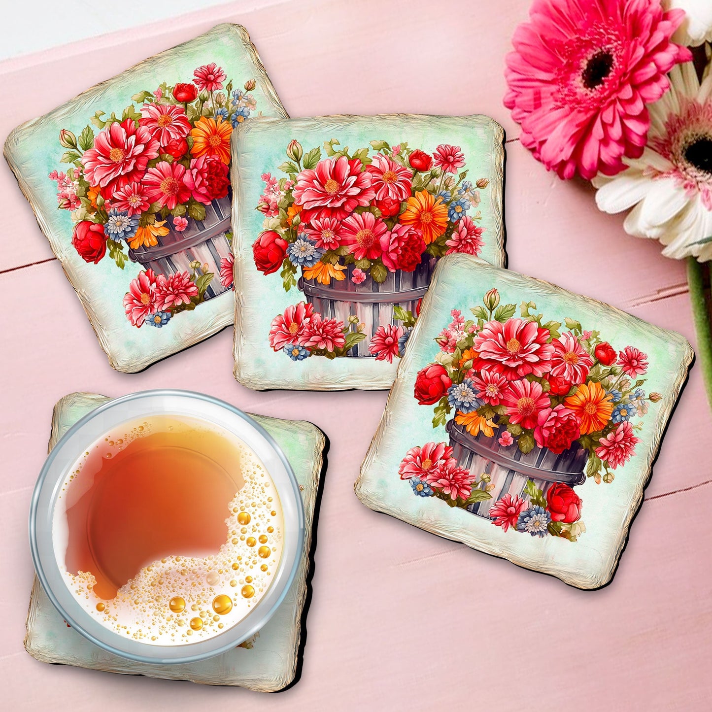 Flowers in the Basket Wooden Cork Coasters Gift Set of 4 by Nature Wonders - Nature Wildlife Decor - 95405C-S4-1