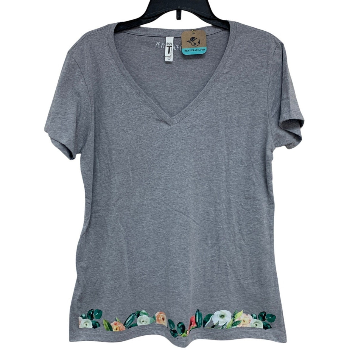 New Hand Printed XXL Heathered Gray Floral Wrap Around Short Sleeve Tee Shirt