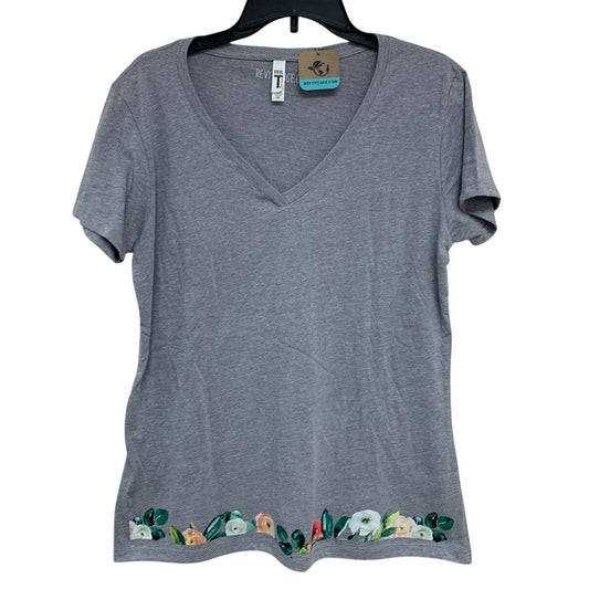 New Hand Printed XXL Heathered Gray Floral Wrap Around Short Sleeve Tee Shirt