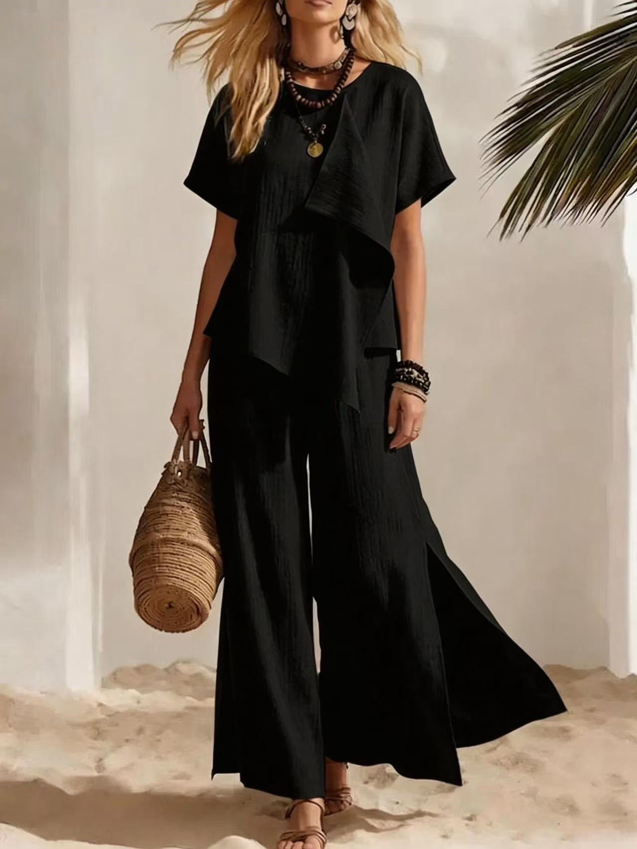 Casual Asymmetrical Short-sleeve Top And Slit Wide-leg Pants Set