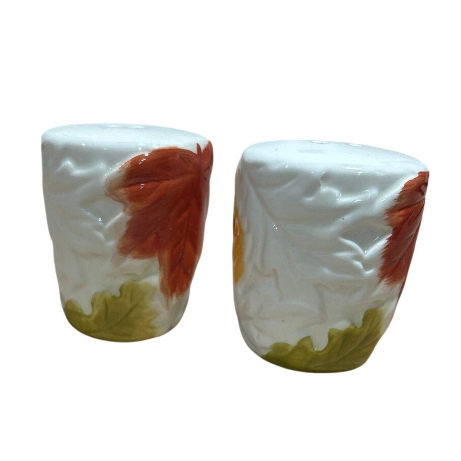 Vintage Red Green Gold Yellow Fall Leaf White Ceramic Salt & Pepper Shaker Set
