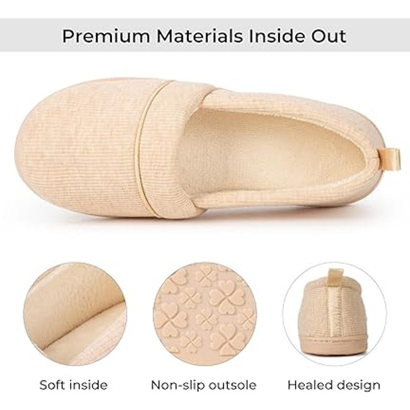 HomeTop Womens 9 Tan Soft Memory Foam Polycotton Slide On Loafer Slipper Shoes