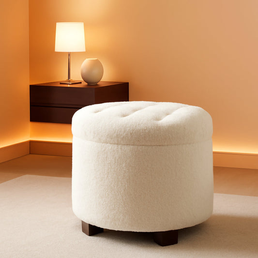 Round Storage Ottoman Boucle White Fabric Upholstery-0