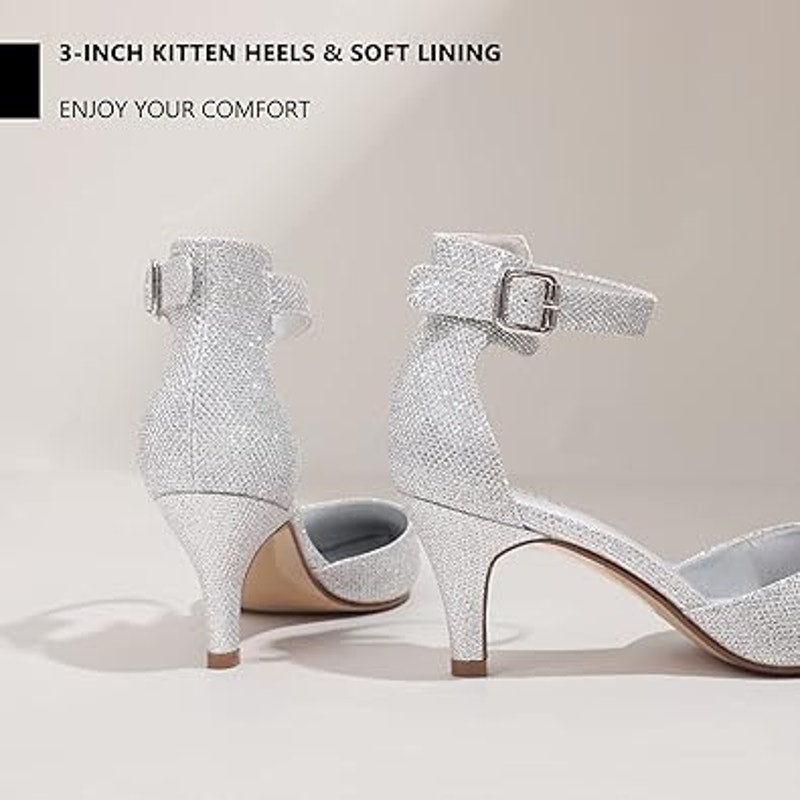 Idifu Womens 8 Silver Glitter 3" Kitten Heel Pointed Close Toe Ankle Strap Shoes