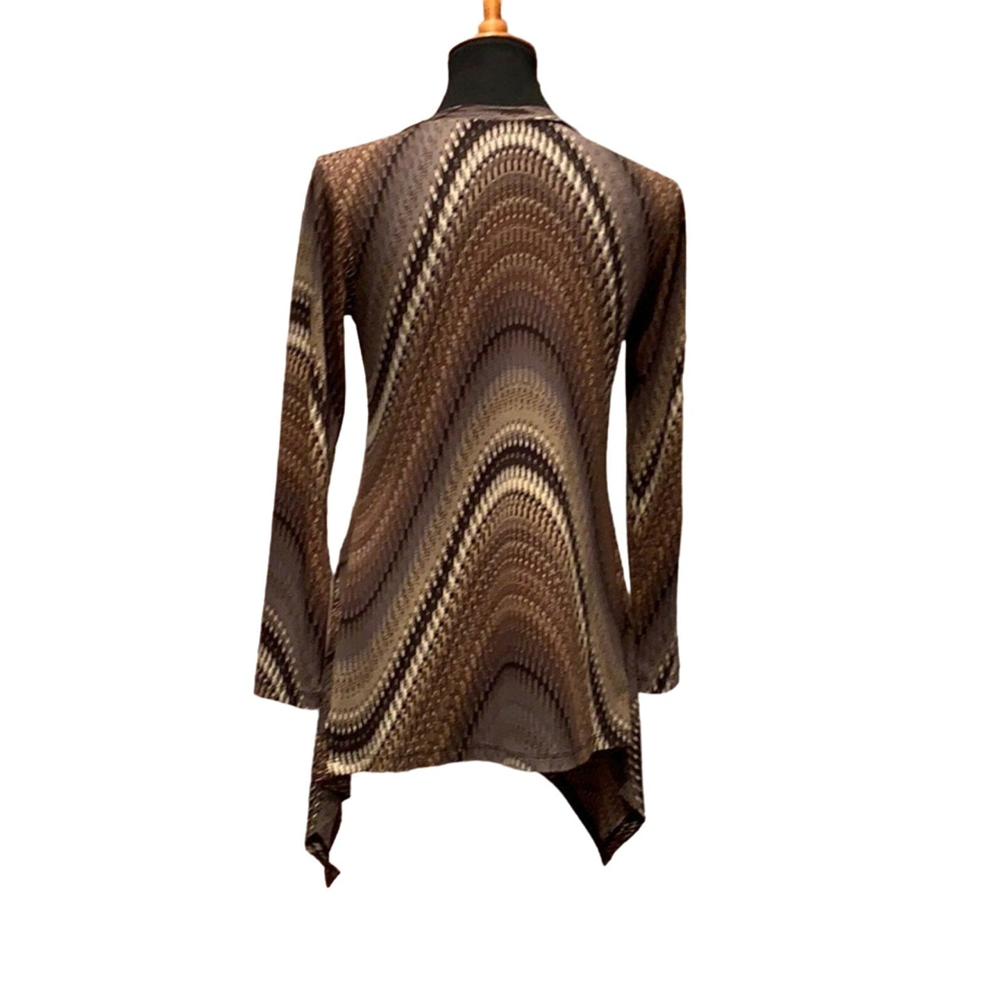 Sharon Max Small 1960s Inspired Brown Flowy Zig Zag Chevron Long Tunic Top