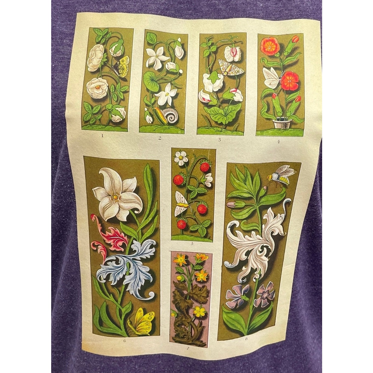 Hand Printed Upcycled Medium Vintage Book Page Flower Butterfly Bee Tee Shirt