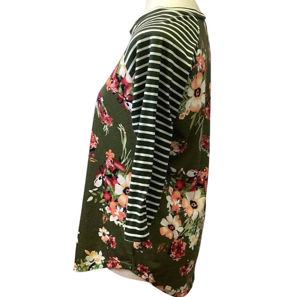Ladies Medium Long Striped Sleeve Floral Crew Neck Polyester Blend Tee Shirt Top