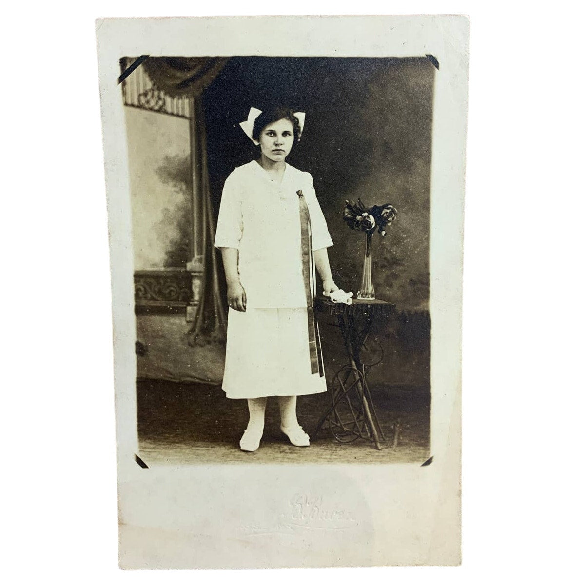Antique Vintage Millie Floesher Girl w Long Ribbons on Dress Photograph Postcard