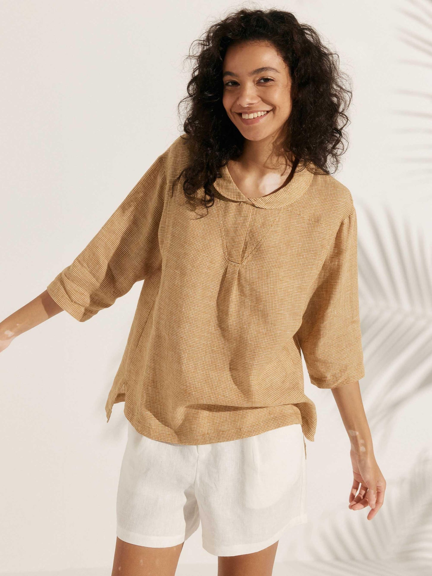 100% Linen V-Neck Half Sleeve Top JADE