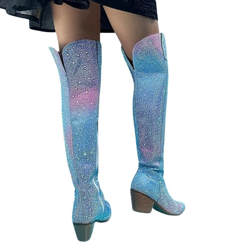 Ronilurn Womens Size 6.5 Rainbow Blue Pink Rhinestone Over the Knee Cowboy Boots