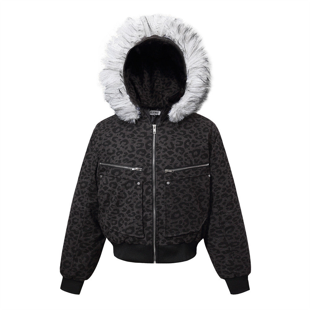 Mountain carving leopard print short hooded cotton jacket