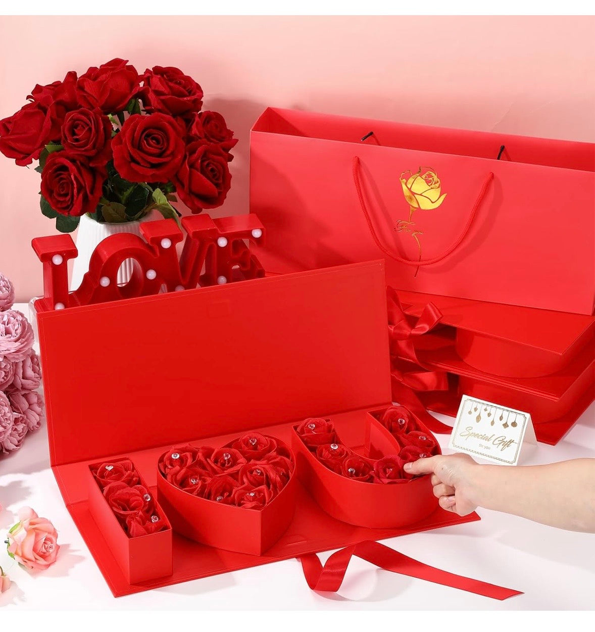 "I Love You" Box Cardboard 3 Fillable Flower Box 3 Gift Bags 3 Greeting Cards Raffia Paper Shreds for DIY Valentine's Day Wedding Bridal Shower Birthday Chocolate Gifts Packaging