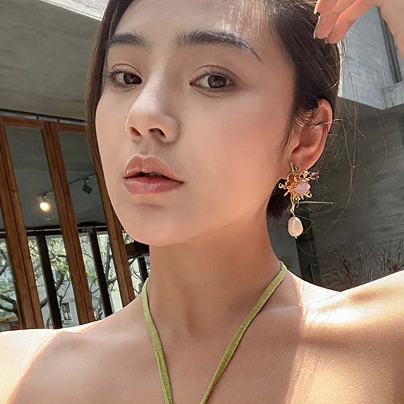 Pearl Pendant Asymmetrical Earrings for Women Senior Sense Temperament Jewelry Girl Gift