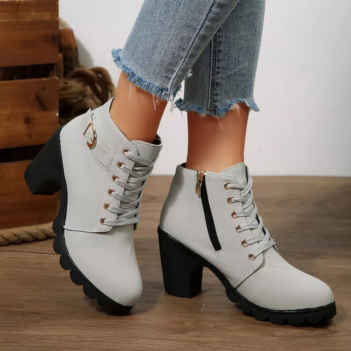 Lace Up Block Heels Boots