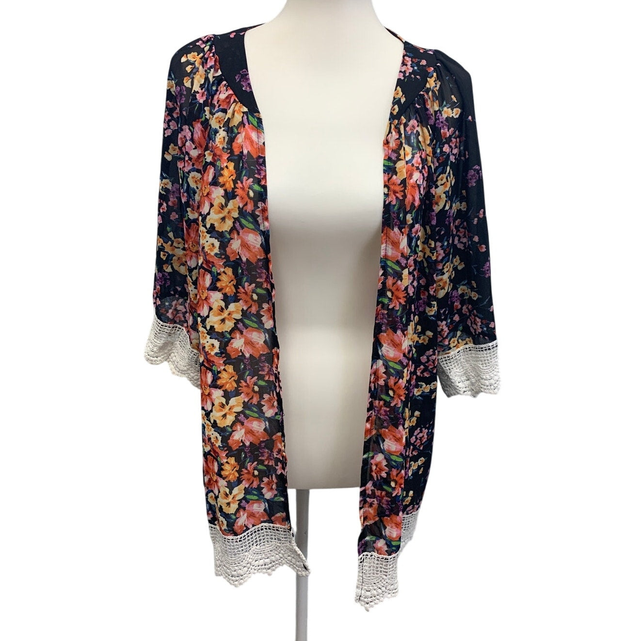 Long Sheer Womens Medium Lace Trim Floral Flowy Open Cardigan Coverup