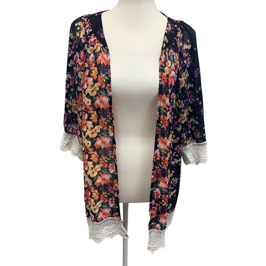 Long Sheer Womens Medium Lace Trim Floral Flowy Open Cardigan Coverup