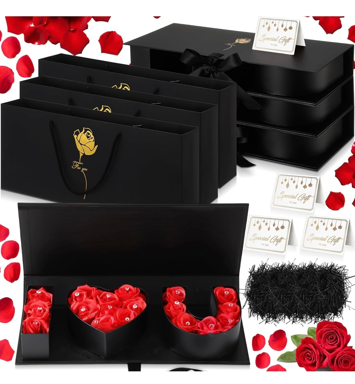 "I Love You" Box Cardboard 3 Fillable Flower Box 3 Gift Bags 3 Greeting Cards Raffia Paper Shreds for DIY Valentine's Day Wedding Bridal Shower Birthday Chocolate Gifts Packaging