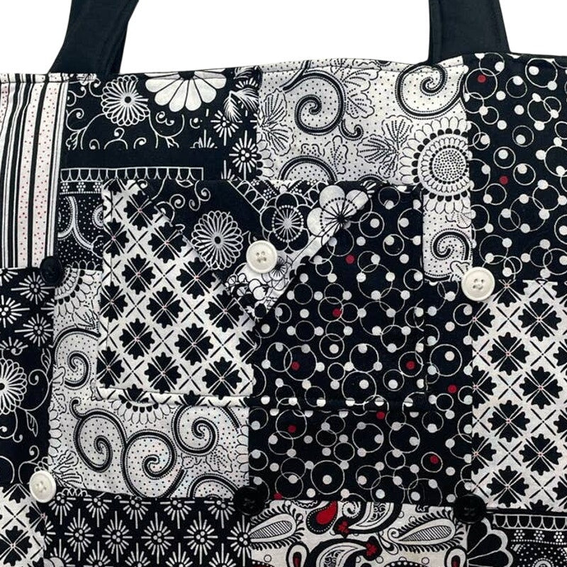 Handmade Black White Patchwork Cotton Blend Double Handle Purse Tote Bag