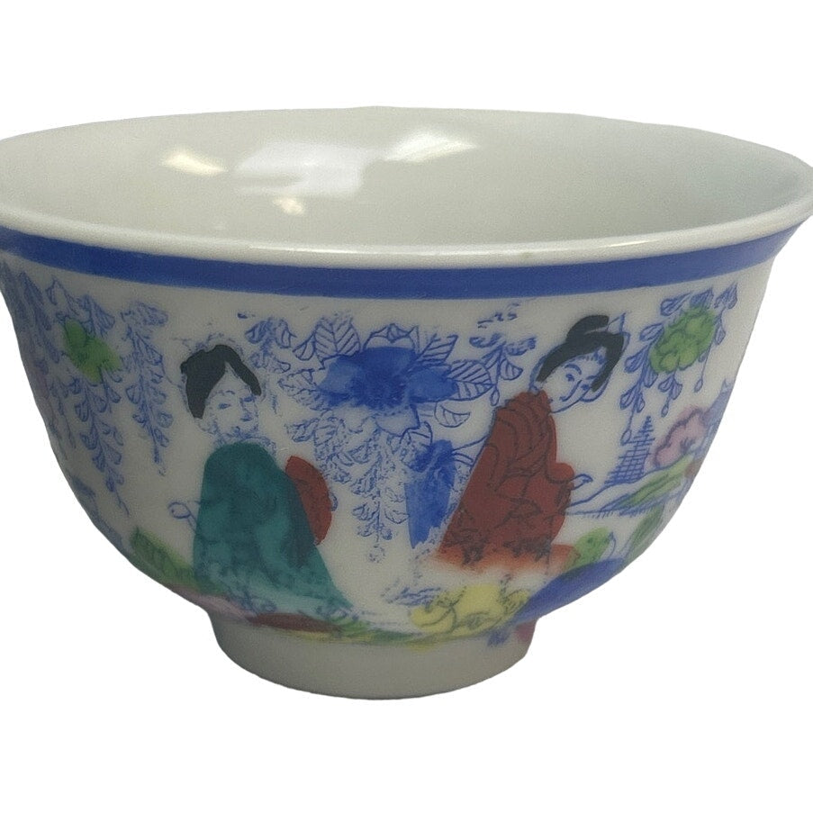 Vintage Japanese Blue Painted Ceramic Teapot Teacup Set Bamboo Handle