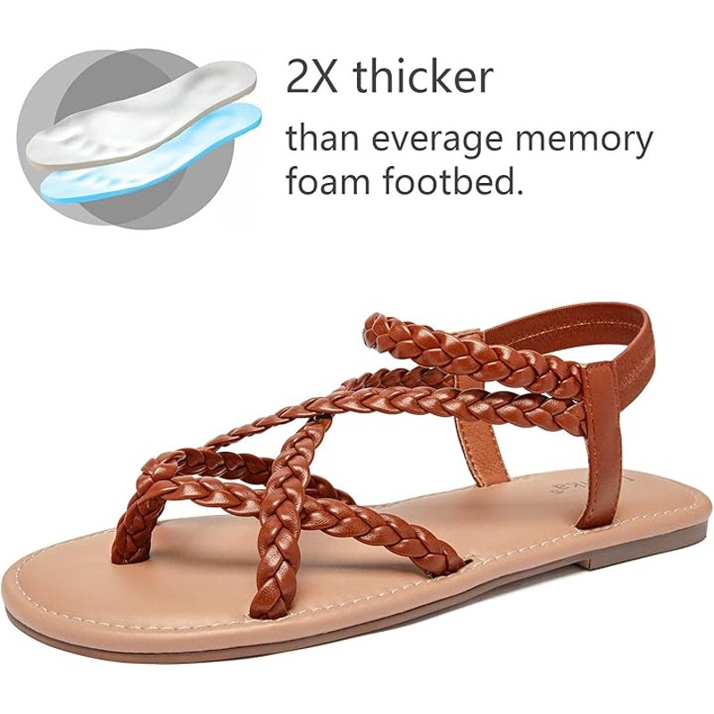 New Luoika Womens 8.5W Wide Brown Braided Strap Opent Toe Flat Sandals Shoes