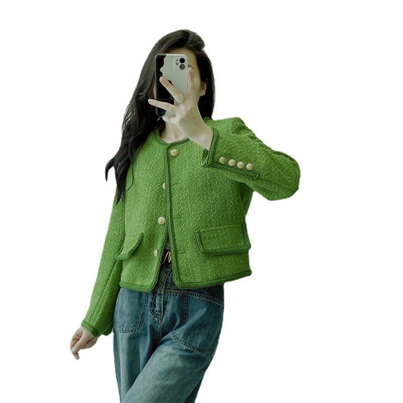 Green wool small fragrant style jacket for women's high-end design with a sense of spring and autumn temperament Short top