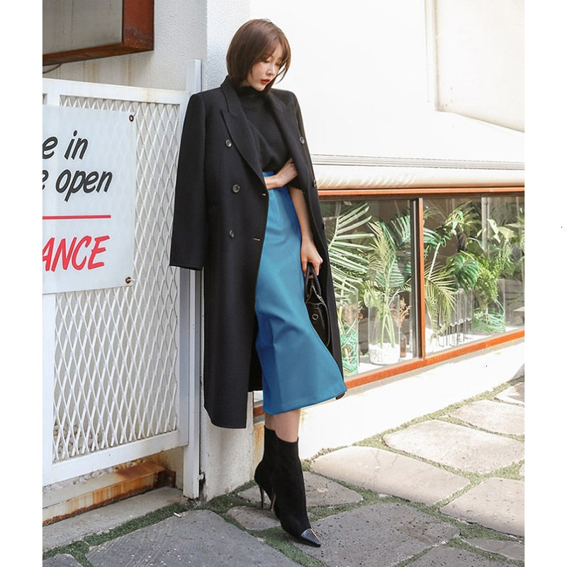 Fashionable Leather Skirt Khaki Blue Coffee Color Pu Medium Long High Waist Long Skirt