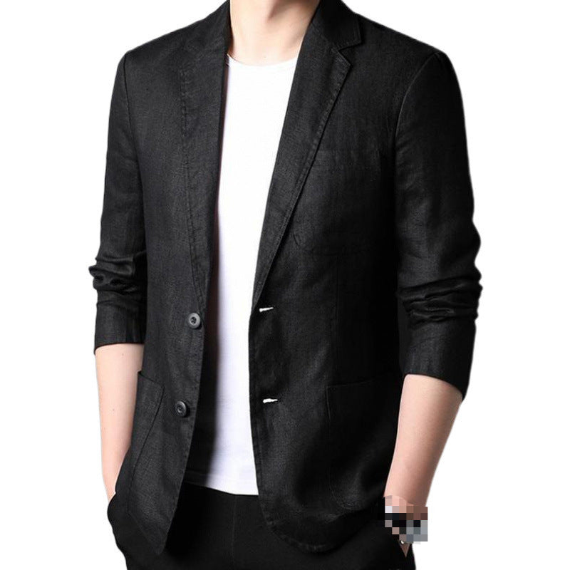 Black blazer worn by a person on a white background