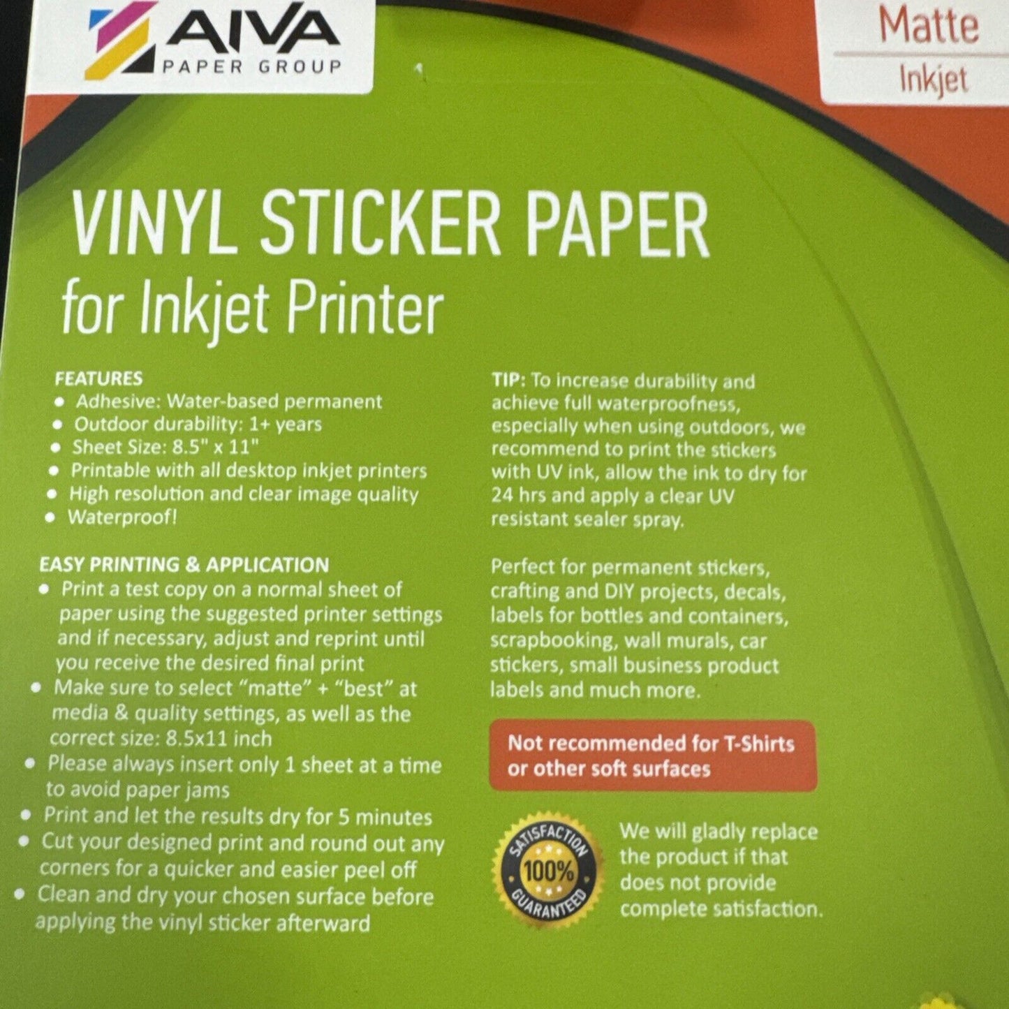 Printable Vinyl Sticker Paper for Inkjet Printer - Matte White - 100 Self-Adh...