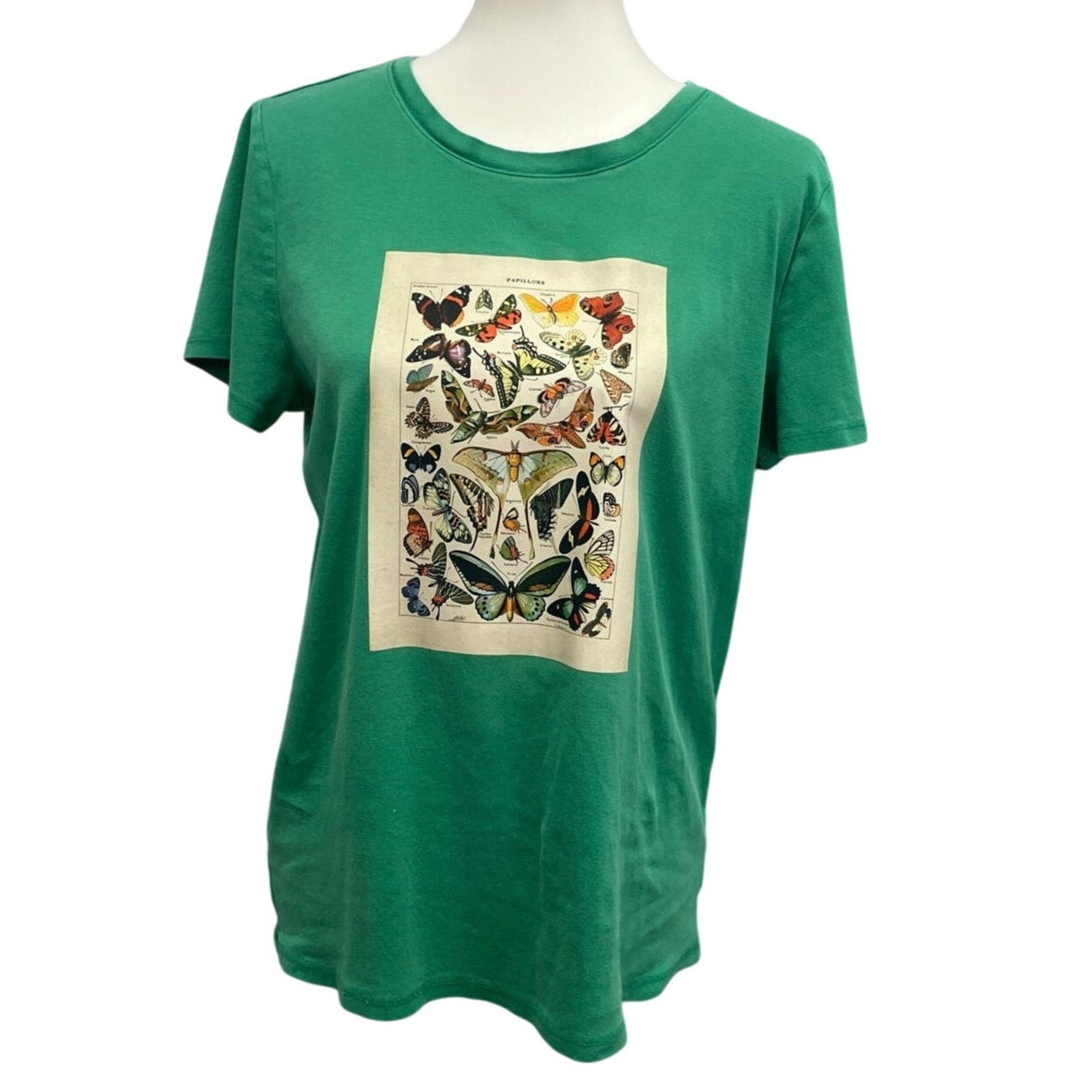Hand Printed Upcycled XL Vintage Reference Book Butterfly Page Crew Neck Tee