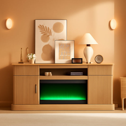 Fluted Walnut Fireplace TV Entertainment Console Drawers-0