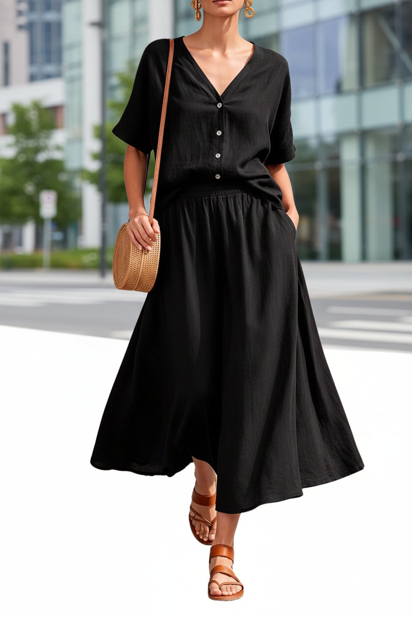 Women's Cotton-Linen V-Neck Button-Up Top & Long Skirt Set