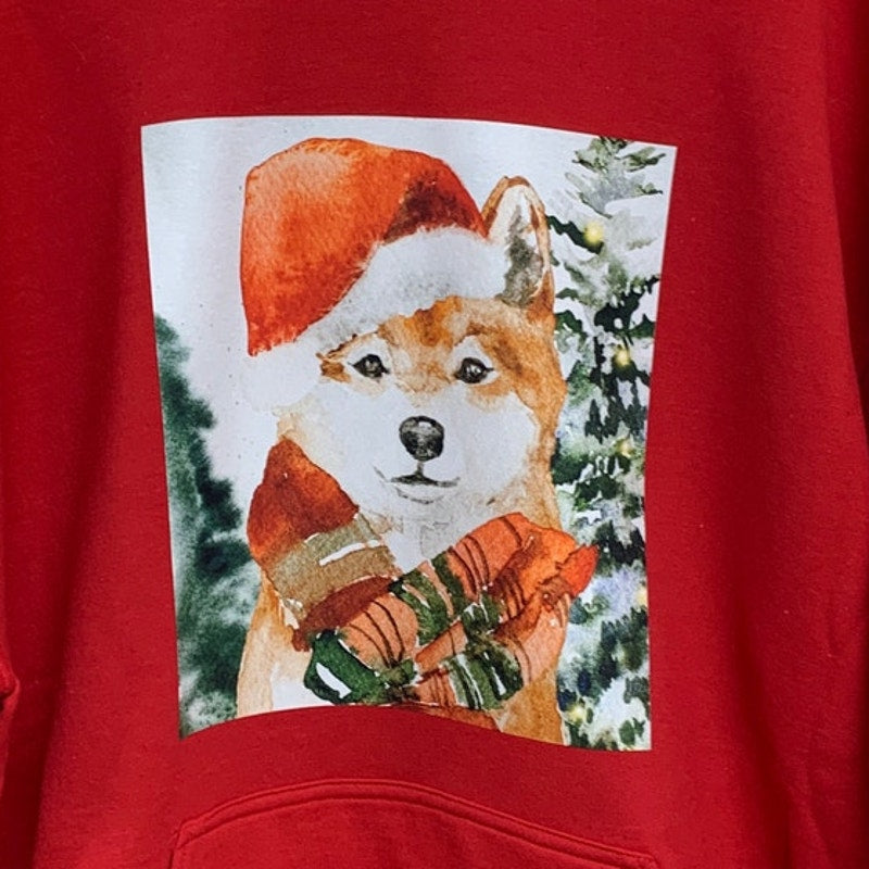 New Hand Printed Womens Large Christmas Santa Dog Long Sleeve Hoodie Sweatshirt
