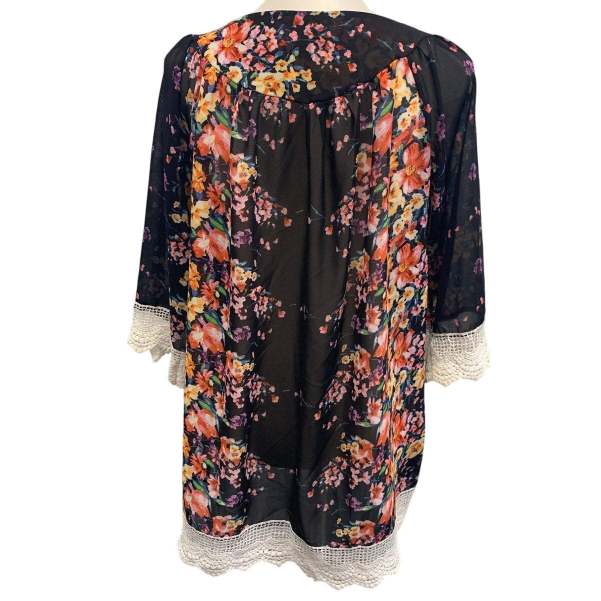 Long Sheer Womens Medium Lace Trim Floral Flowy Open Cardigan Coverup