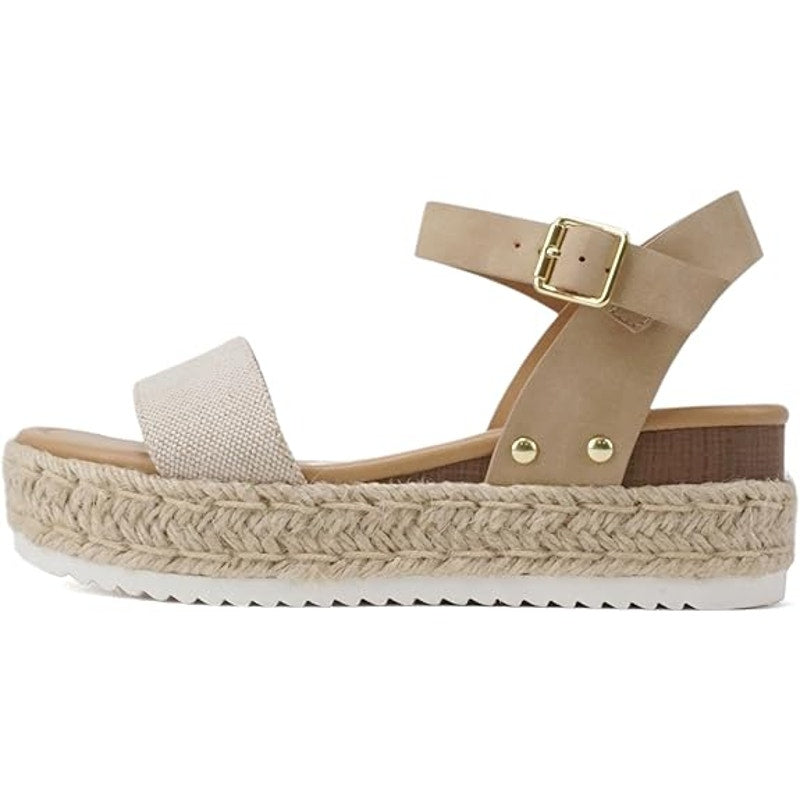 Soda Clip Womens 8.5 Beige 2" Platform Sandals Open Round Toe Ankle Strap Shoes