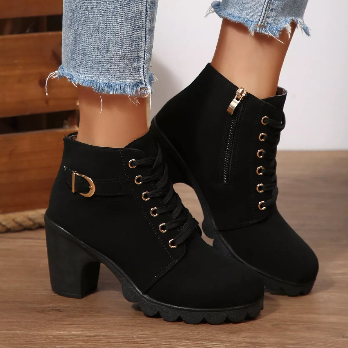 Lace Up Block Heels Boots