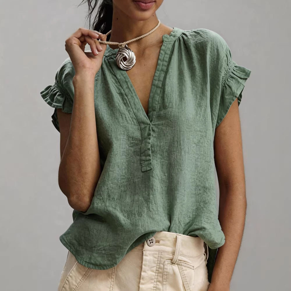 V-Neck Petal Sleeve Cotton-Linen Solid Top – 4 Colors, S–2XL