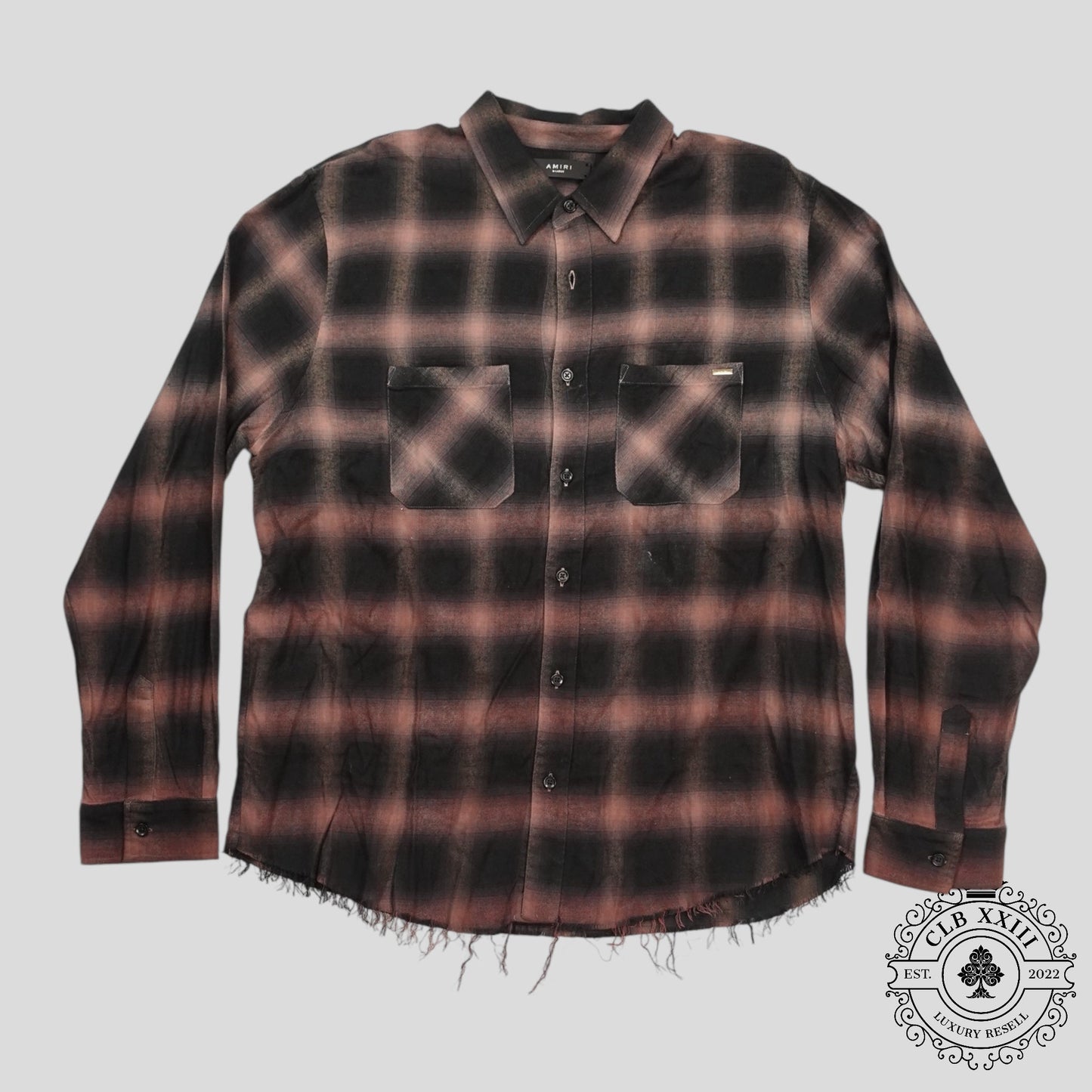 Amiri Distressed Plaid Button Up in Brown